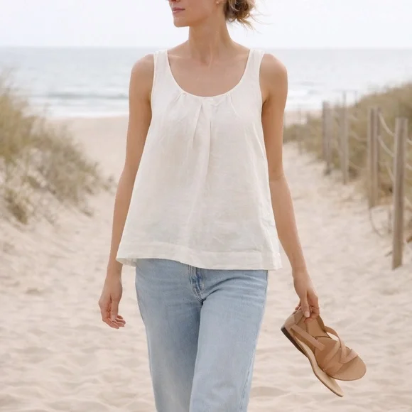 Eileen Fisher Silk Lined Cotton Tank Ivory Pleated Scoop Neck Lightweight L NWOT - Picture 1 of 6